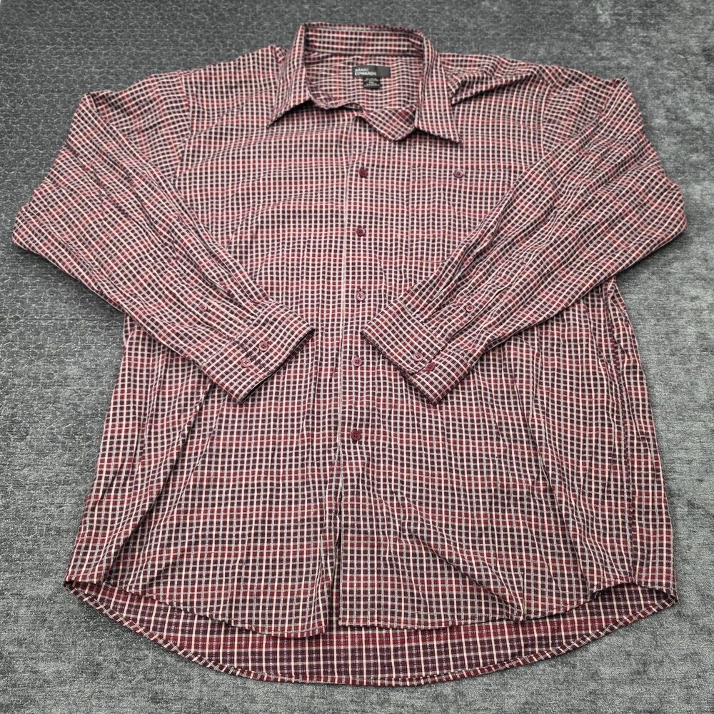 Marc Edwards Button Up Shirt Mens 2XL Red White Black Geometric Plaid Rayon